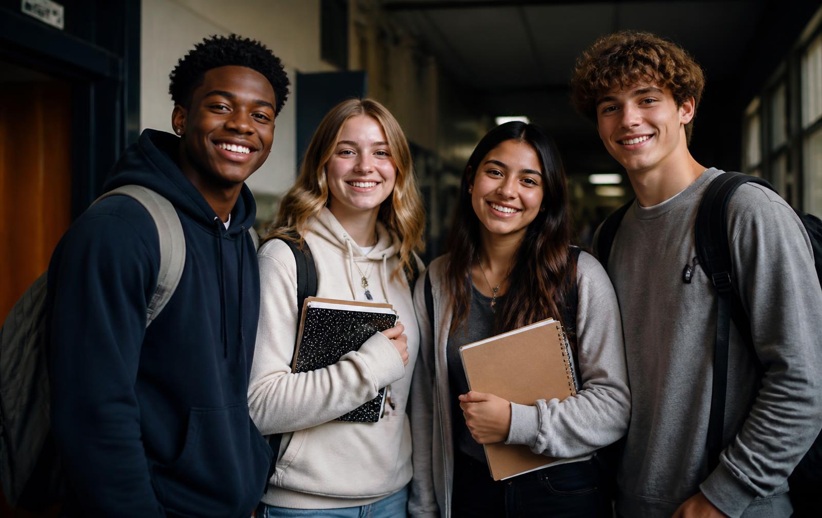 Four high school students smiling together in a school hallway