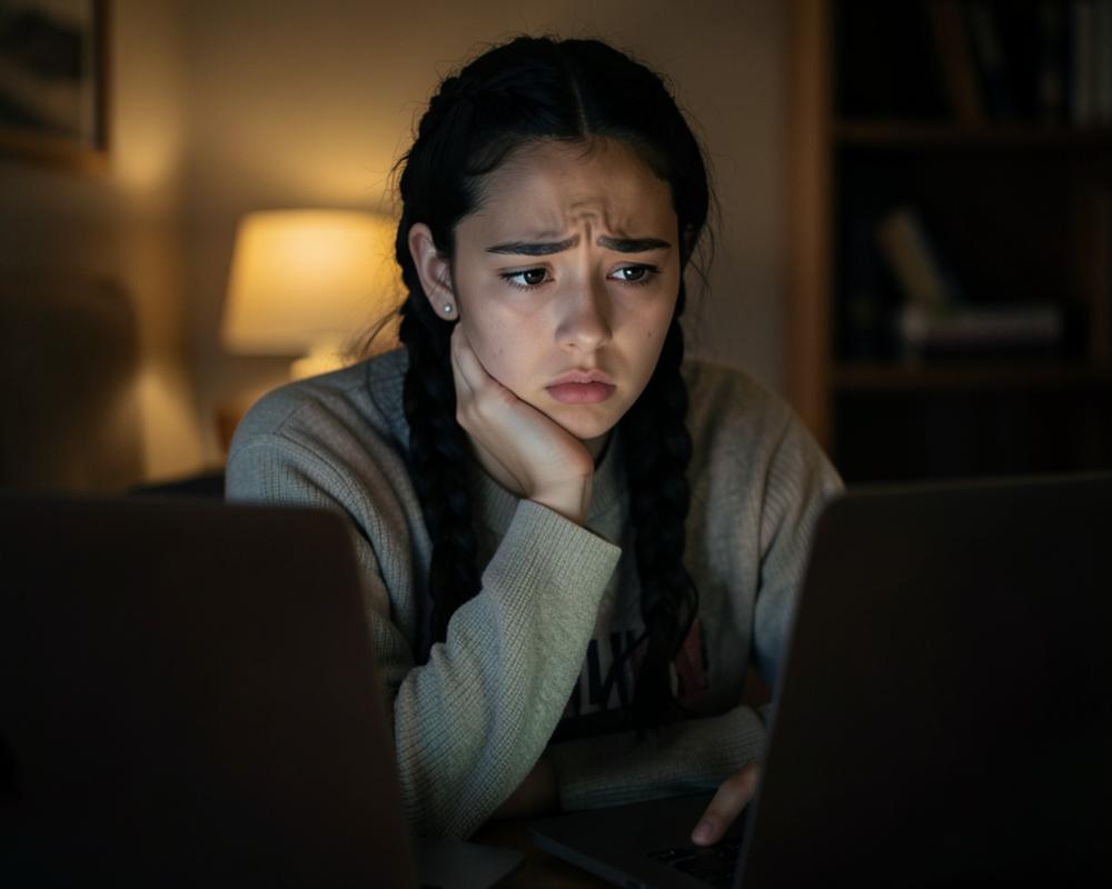 Teen looking worried at a laptop